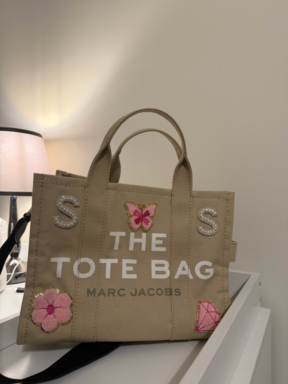 Marc Jacobs Beige Tote Bag with Pink Embroidered Accents